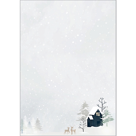 Paysage d'hiver, chalet enneigé avec des arbres et deux cerfs.