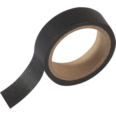 Schwarzes Klebeband, teilweise abgerollt. Der Kern ist braun.