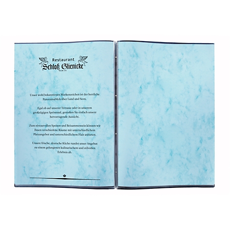 Menu bleu ouvert avec motif marbré. Sur le côté gauche, "Restaurant Schloss Glienicke" est écrit en script.