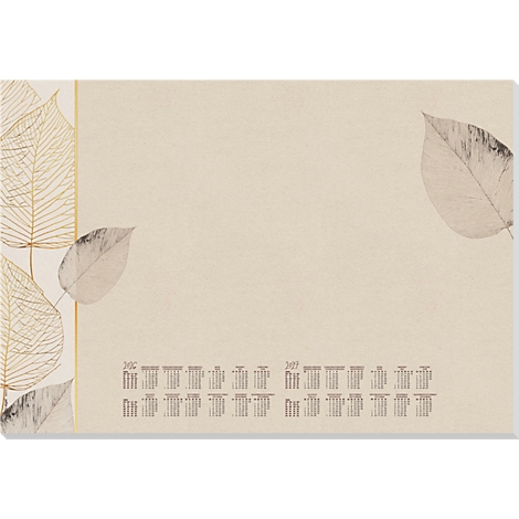 Beige Tischkalender mit goldenen Blättern und Kalenderansicht für 2026/2027.