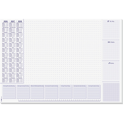 Eine weiße Schreibtischunterlage mit Kalender, Wochenübersicht und Notizfeldern. Gekritzeltes Muster.