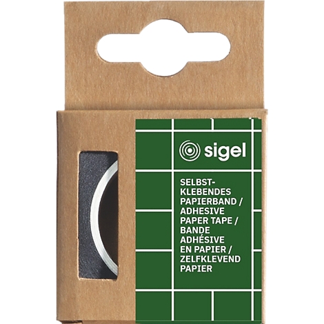 Kartonverpakking met papieren tape. De naam 'sigel' staat op het groene oppervlak.