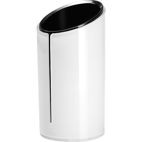 White cylindrical container with a slanted opening. Black interior, silver rim. Vertical black line on the side.