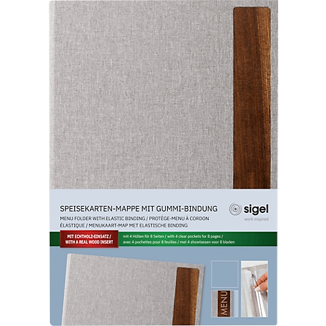 Sigel Porte-menus SM222, A4, incl. 2 pochettes transparentes doubles pour 8 pages A4, reliure caoutchouc, bois/PU, marron-gris clair, 1 pièce