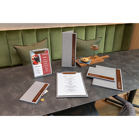 Sigel Porte-menus SM222, A4, incl. 2 pochettes transparentes doubles pour 8 pages A4, reliure caoutchouc, bois/PU, marron-gris clair, 1 pièce