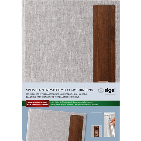Sigel Porte-menus SM223, A5, incl. 2 pochettes transparentes doubles pour 8 pages A5, reliure caoutchouc, bois/PU, marron-gris clair, 1 pièce