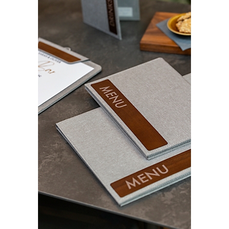 Sigel Porte-menus SM223, A5, incl. 2 pochettes transparentes doubles pour 8 pages A5, reliure caoutchouc, bois/PU, marron-gris clair, 1 pièce