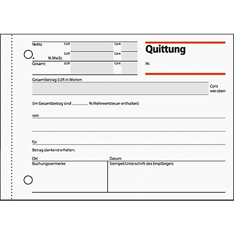 A receipt with the headings Net, VAT and Total, as well as fields for amounts and signatures.