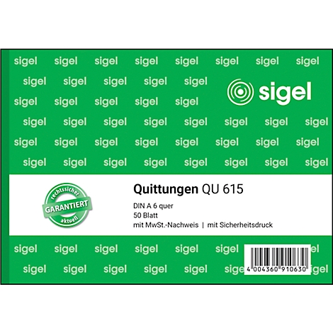 Sticker with a green background and white text. The text reads "Receipts QU 615", DIN A 6 transverse, 50 sheets. Below a barcode.