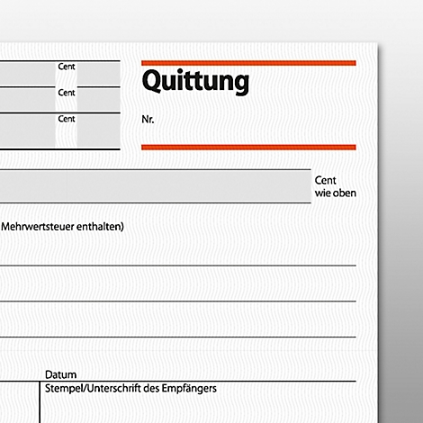 Close-up of a receipt with the heading 'Quittung' and fields for details. Orange lines at the top, empty fields on the left.