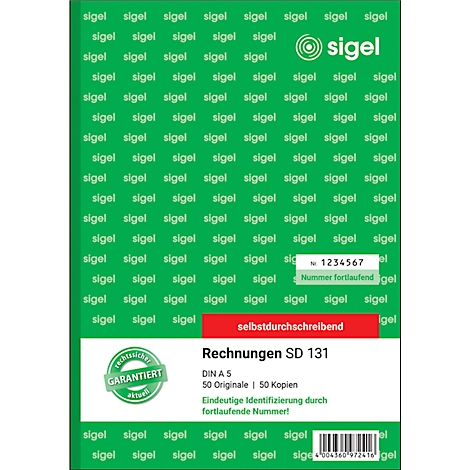 Grüne Rechnungsblöcke mit fortlaufender Nummerierung und dem Logo 'sigel'. Der Block trägt den Titel 'Rechnungen SD 131'.