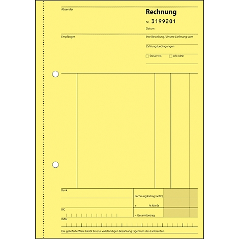 Gelbes Rechnungsformular mit Lochung und Beschriftung. Oben steht "Rechnung", darunter die Rechnungsnummer.