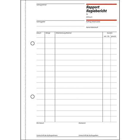 Lined sheet of paper with the heading 'Rapport Regiebericht', with columns for data, quantity, material and hours.