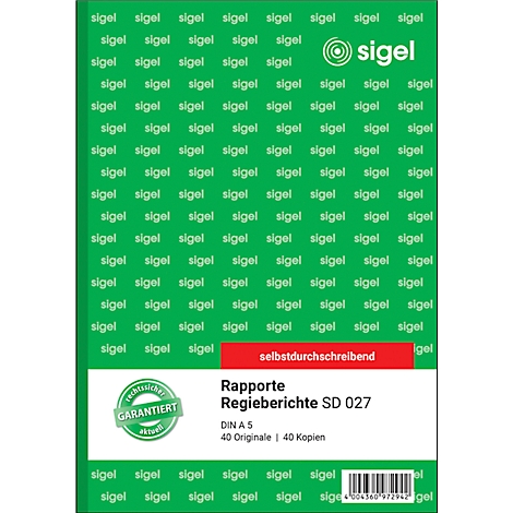 Green product with the word "sigel". Below is text: "Reports management reports", "self-copying".