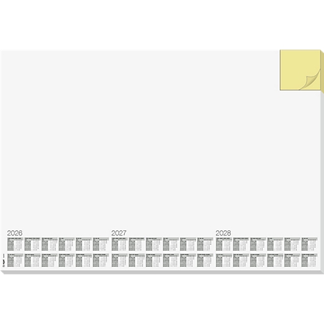 Kalender voor 2026, 2027 en 2028. Een gele plaknotitie rechtsboven. Onderaan worden maandkalenders voor de jaren weergegeven.