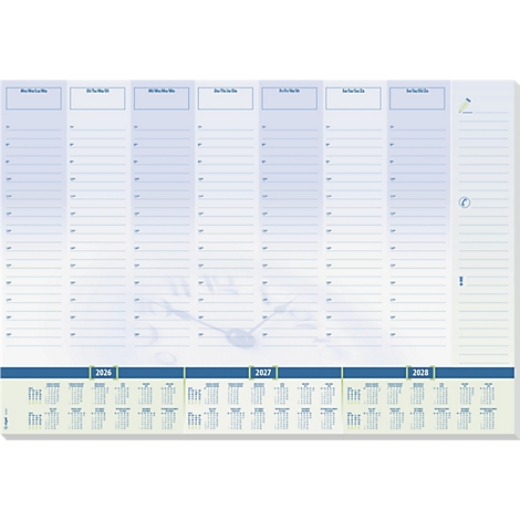 Blauw-witte weekplanner met jaaroverzicht 2026-2028. Het weekrooster biedt ruimte voor notities. Met klok en uitroepteken.