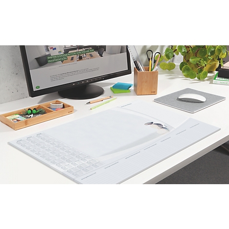 Bureau met monitor, muis, toetsenbordhoes en kantoorbenodigdheden.