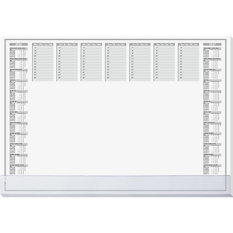 Grote, witte wandkalender met jaaroverzicht, grijze kolommen en een witte lijst.