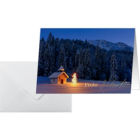 Carte de Noël avec paysage d'hiver, chapelle et sapin de Noël dans la neige. Inscription : Joyeux Noël.