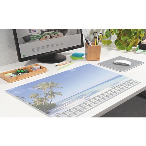 Bureau avec tapis de souris de plage, écran, fournitures de bureau et plantes. Le tapis de souris montre des palmiers au bord de la mer.