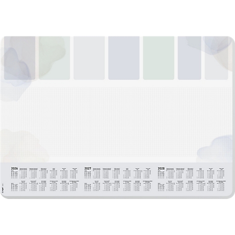 Un tapis de bureau gris avec des calendriers pour les années 2026-2028, des accents colorés et un motif quadrillé.