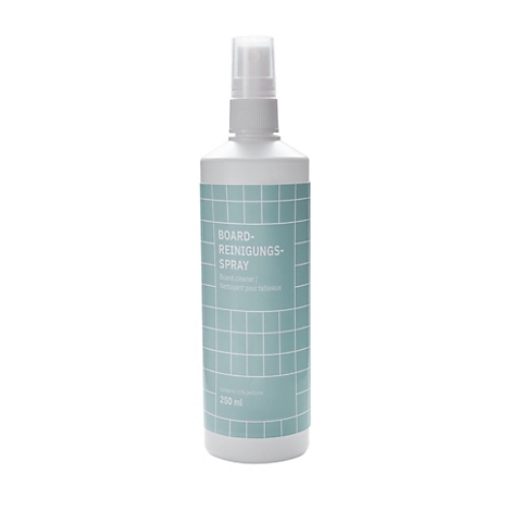 Weiße Flasche mit hellblauem Etikett und weißem Gittermuster, beschriftet mit Board-Reinigungsspray 250 ml.