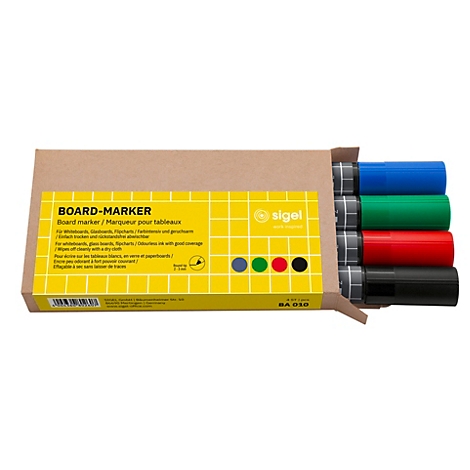 Vierfarbiges Boardmarker-Set von Sigel in einer braunen Kartonschachtel mit gelber Banderole.