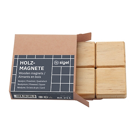 Vier quadratische Holzteile in einer braunen Pappschachtel mit Sigel-Logo und Produktbeschreibung.