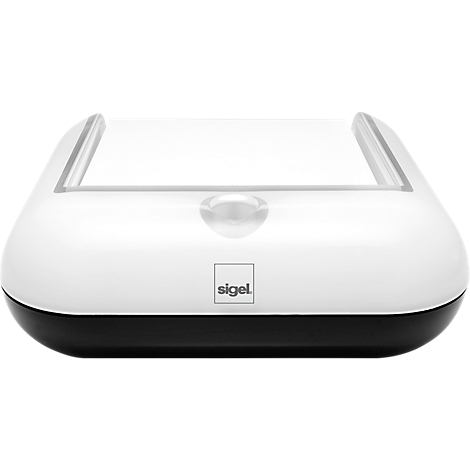 White and black oval product with a smooth surface, light bar at the top, button in the middle, logo at the front.
