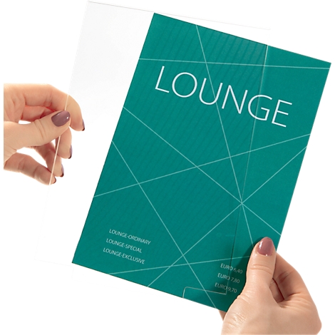 Hands holding a green flyer with the word "LOUNGE" in a transparent protective sleeve.