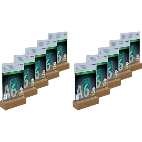 Two rows of 5 wooden table stands each holding an A6 sheet. The stands show information and the word "A6".
