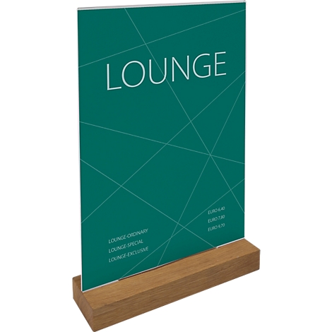 Table stand with "LOUNGE" lettering, on wooden base. Inscription: prices and dishes.