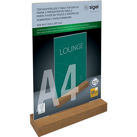 Table-top display with wooden base, transparent holder for A4 paper, shows the word "Lounge" on green background.