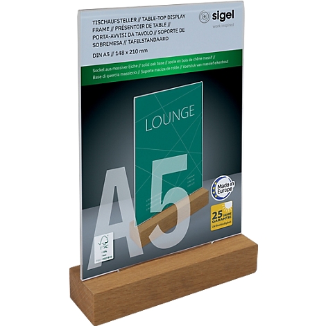 A wooden table display with an A5 panel that says "LOUNGE". Next to it a white "A5" logo.