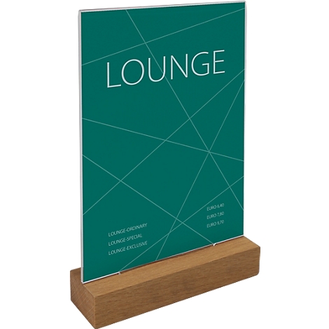 A green sign with the white lettering "LOUNGE" stands on a wooden base. Prices and other lettering are on the sign.
