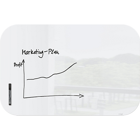 Tableau blanc avec graphique, "Plan marketing", bénéfices en hausse. Marqueur noir à côté.