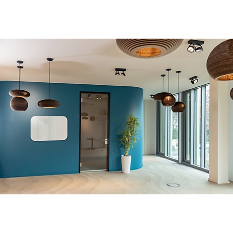 Design d'intérieur moderne avec mur bleu, plafonniers en bois, plantes et paroi vitrée. Parquet clair.