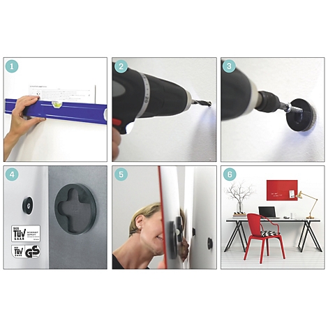 Instructions de montage pour une étagère murale : étapes du niveau à bulle au produit fini dans un bureau.