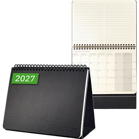 Schwarzer Tischkalender 2027 mit Ringbindung und offenem Kalenderblatt.