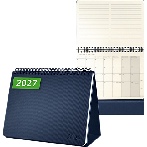 Dunkelblauer Tischkalender für 2027 mit Spiralbindung und aufgeklappter Monatsübersicht.