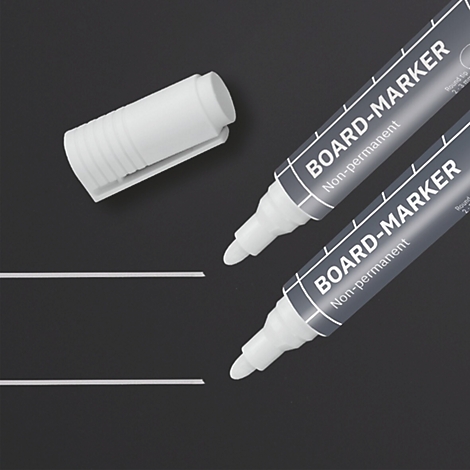 Twee bordmarkers met open dop en lijnen op een zwarte achtergrond.