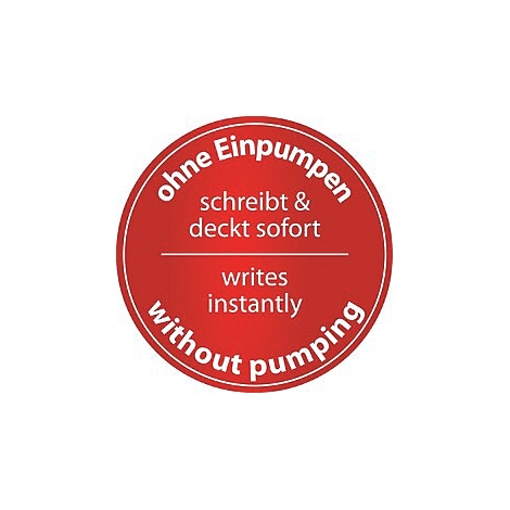 Rond, rood logo met witte tekst. Boven staat "zonder pompen", daaronder "schrijft & dekt direct", daaronder "writes instantly", onder "without pumping".
