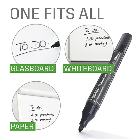 Zwarte marker schrijft op glas, whiteboard en papier. Tekst: To Do, Glasboard, Whiteboard, Paper.