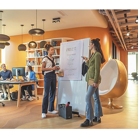 Zwei Frauen stehen vor einer Tafel mit "Process" beschriftet. Weitere Personen arbeiten im Hintergrund.