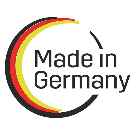Logo: Schwarzer Ring, innen gelb, rot, schwarz. Schriftzug 'Made in Germany'.