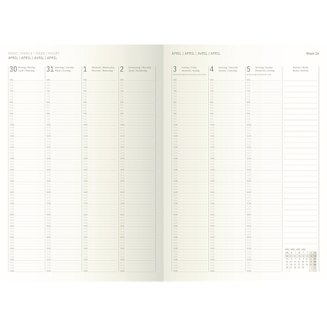 Doppelseitiger Wochenplaner mit Linien und Zeitangaben. Die erste Seite zeigt die Daten 30, 31, 1 und 2. Die zweite Seite zeigt die Daten 3, 4, 5 und einen Kalender.