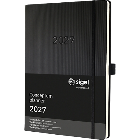Schwarzer Conceptum Kalender mit geprägter Jahreszahl 2027 und Logo.