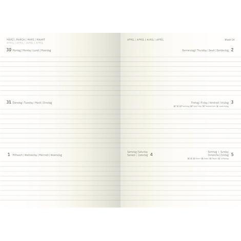 Doppelseite eines Notizbuchs. Links: Datenzeile für März, Zeilen für Notizen. Rechts: Datenzeile für April, Wochennummer, Notizzeilen.
