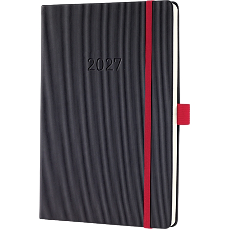 Dunkelblaues Notizbuch mit rotem Gummiband, Aufschrift '2027'.
