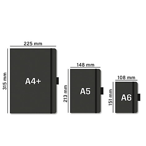 Drei schwarze Notizbücher verschiedener Größen (A4+, A5, A6) mit Maßangaben und Gummibandverschluss.